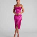 Lillyanne Formal Satin Asymmetrical Midi Dress