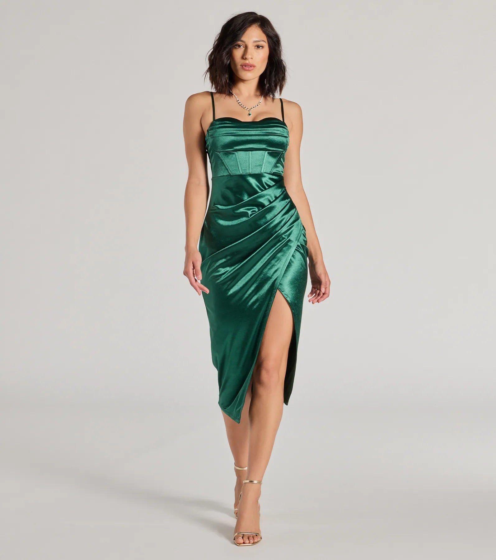 05001-2474_1_HUNTER_MylaCorsetSatinAsymmetricalMidiDress Myla Corset Satin Asymmetrical Midi Dress - Image 1
