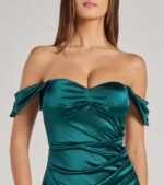 Gaia Satin Off-The-Shoulder Wrap Midi Dress - Image 9