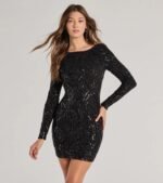 Brea Sequin Beaded Long Sleeve Cowl Back Mini Dress - Image 5