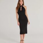 Mina Formal High Neck Ruched Midi Dress