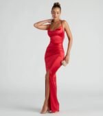Chelsea Satin High Slit Formal Dress - Image 2
