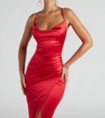 Chelsea Satin High Slit Formal Dress - Image 4
