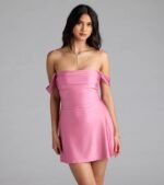Classics Lover Off-The-Shoulder Satin A-Line Mini Dress - Image 17