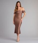 Exceptional Off-The-Shoulder Flared Midi Dress - Image 29