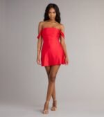 Classics Lover Off-The-Shoulder Satin A-Line Mini Dress - Image 36