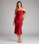 Exceptional Off-The-Shoulder Flared Midi Dress - Image 33