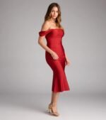Exceptional Off-The-Shoulder Flared Midi Dress - Image 36