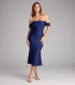 Exceptional Off-The-Shoulder Flared Midi Dress - Image 37