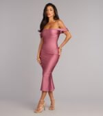 Exceptional Off-The-Shoulder Flared Midi Dress - Image 46