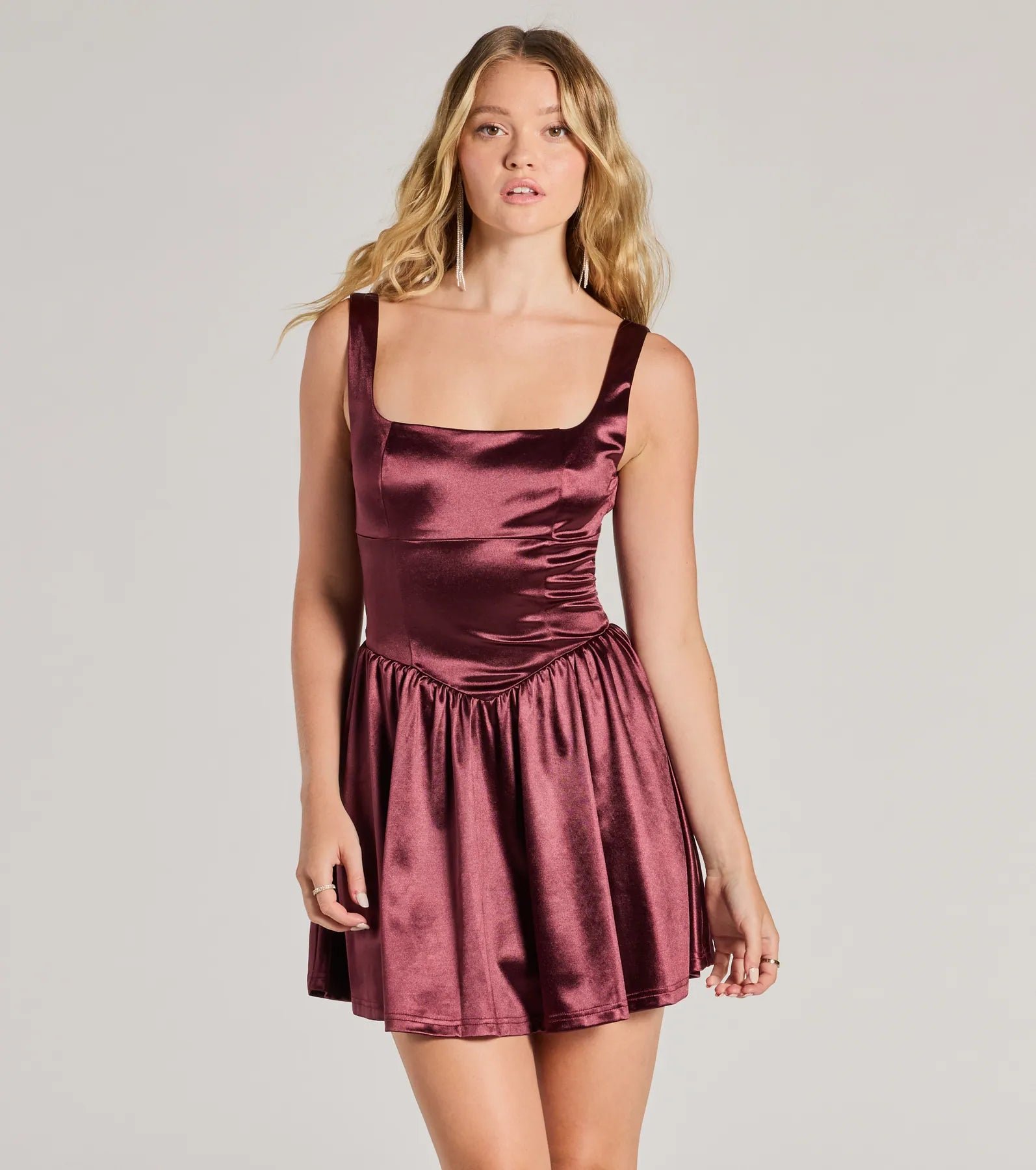 05101-3509_1_RAISIN_CaptivatingCharmSleevelessTieBackSatinSkaterDress Captivating Charm Sleeveless Tie Back Satin Skater Dress - Image 1