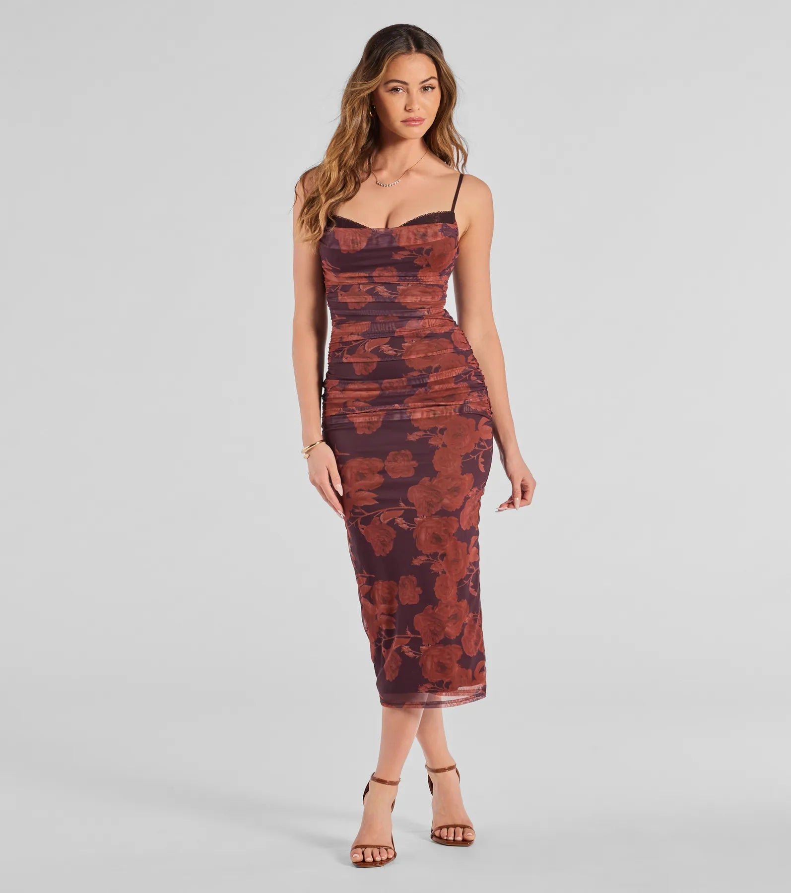 05101-3794_1_PLUM_PetalPerfectionFloralRuchedMidiDress_2347c1ba-211e-47e2-8698-3d9843996f98 Petal Perfection Floral Ruched Midi Dress - Image 1