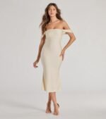 Exceptional Off-The-Shoulder Flared Midi Dress - Image 13