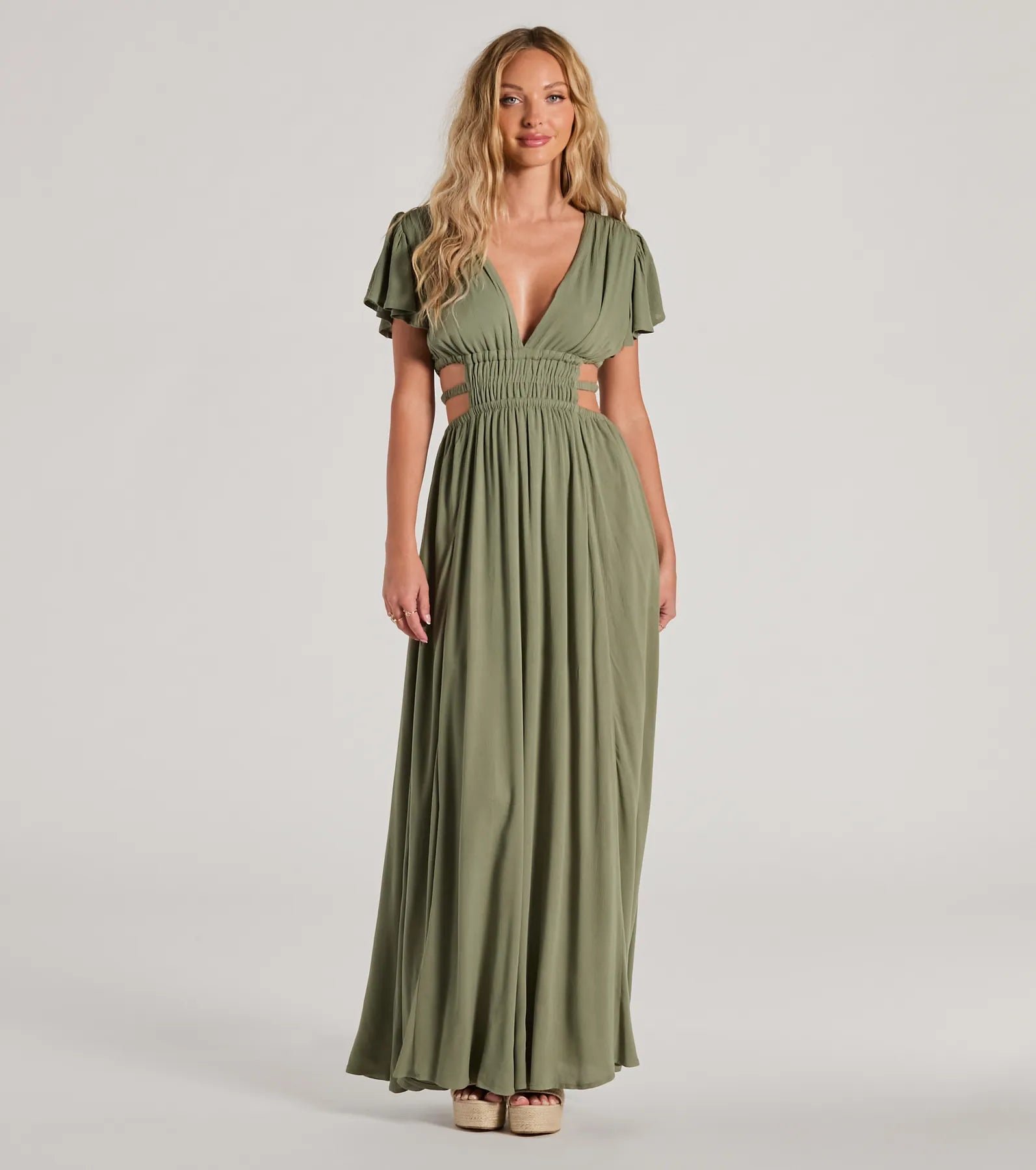 05102-5719_1_SAGE_MakeHeartsFlutterShortSleeveCutoutMaxiDress Make Hearts Flutter Short Sleeve Cutout Maxi Dress - Image 1