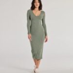 Casual Chic Style Long Sleeve Ribbed Knit Midi Dress