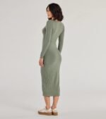 Casual Chic Style Long Sleeve Ribbed Knit Midi Dress - Image 2