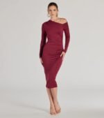 Classic And Sleek Knit Off-Shoulder Long Sleeve Midi Dress - Image 5
