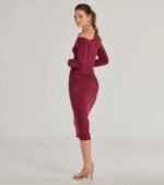 Classic And Sleek Knit Off-Shoulder Long Sleeve Midi Dress - Image 6