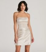 Perfect Glow Strapless Pleat A-Line Satin Mini Dress - Image 2