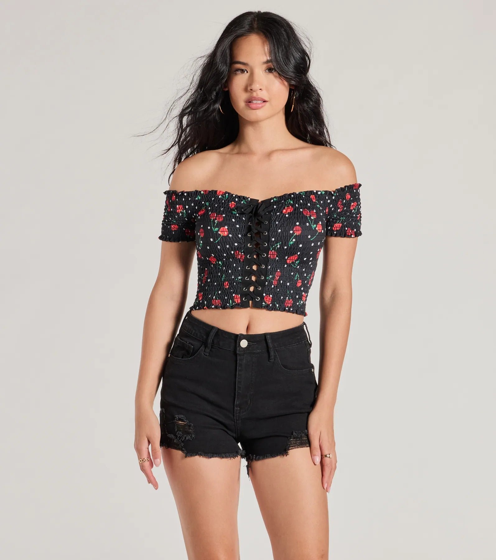 06001-5334_1_BLACK_SweetLikeCherriesLaceUpOffTheShoulderTop_3a1a10bf-95ad-42df-957c-41c852a743fa Sweet Like Cherries Lace-Up Off-The-Shoulder Top - Image 1