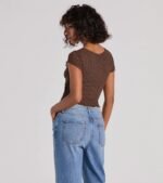 Flirty Expert Short Sleeve Slit Texture Crop Top - Image 2