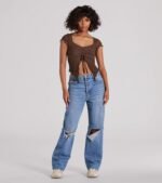 Flirty Expert Short Sleeve Slit Texture Crop Top - Image 3