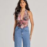 Sultry Impact Halter Abstract Floral Crop Top