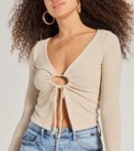 Trendy Casual Long Sleeve Tie-Front Top - Image 4