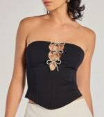 Adorable Glam Rhinestone Bow Cutout Corset Top - Image 4