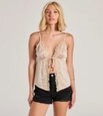 Sense Of Style Lace Trim Tie Front Cami Crop Top