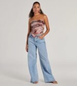 Sangria Sunset Strapless Paisley Satin Crop Top - Image 11