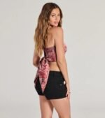 Sangria Sunset Strapless Paisley Satin Crop Top - Image 6