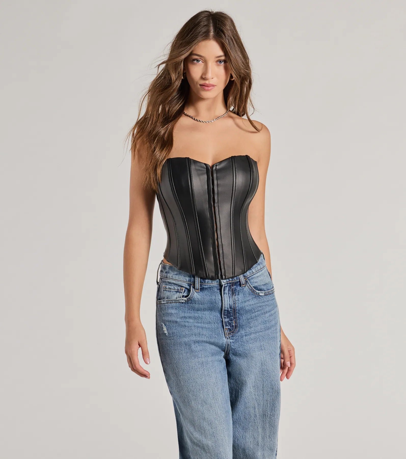 06003-2668_1_BLACK_LevelUpSleekFauxLeatherStraplessCorsetTop Level Up Sleek Faux Leather Strapless Corset Top - Image 1