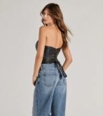 Level Up Sleek Faux Leather Strapless Corset Top - Image 2