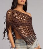 Bare Minimum Drama Sequin Crochet Fringe Poncho - Image 4