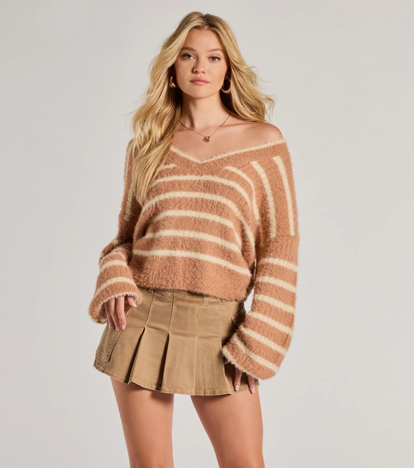 06005-2112_1_TAN_CozyCharmStripedEyelashKnitSweater Cozy Charm Striped Eyelash Knit Sweater - Image 1