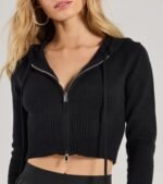 Cute And Comfy Zip-Front Cropped Knit Hoodie - Image 4