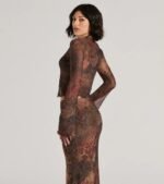 Wildly Sultry Tie-Front Leopard Rose Mesh Crop Top - Image 2