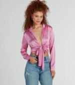 So Sleek Satin Tie-Front Blouse - Image 77