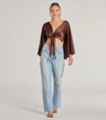 Silky Satin Tie Front Crop Top - Image 3