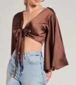 Silky Satin Tie Front Crop Top - Image 4