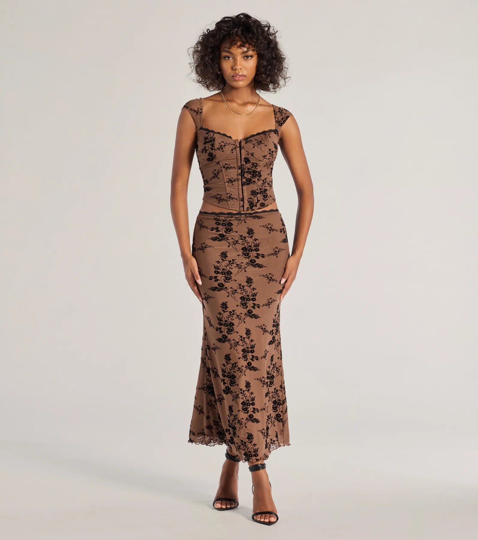 06501-1103_1_BROWN_RomanticAuraFlockedFloralMeshMaxiSkirt_6563f73f-4d2e-4a45-b628-b221c0909204 Romantic Aura Flocked Floral Mesh Maxi Skirt - Image 1