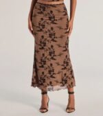 Romantic Aura Flocked Floral Mesh Maxi Skirt - Image 4
