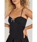 Greatest Gift Rhinestone Bow Pleated Ponte Romper - Image 5