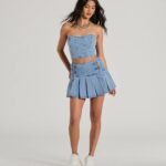 Flirty Duo High-Rise Buckle Pleated Denim Mini Skirt