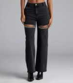 So Obsessed Rhinestone Cutout Straight Leg Denim Jeans - Image 4