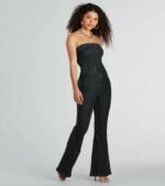 Flirty Retro Strapless Flare Denim Jumpsuit - Image 3