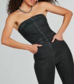 Flirty Retro Strapless Flare Denim Jumpsuit - Image 4