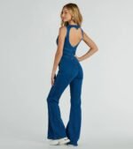 Heart Open Zip Up Flare Denim Jumpsuit - Image 2
