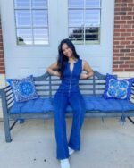 Heart Open Zip Up Flare Denim Jumpsuit - Image 5